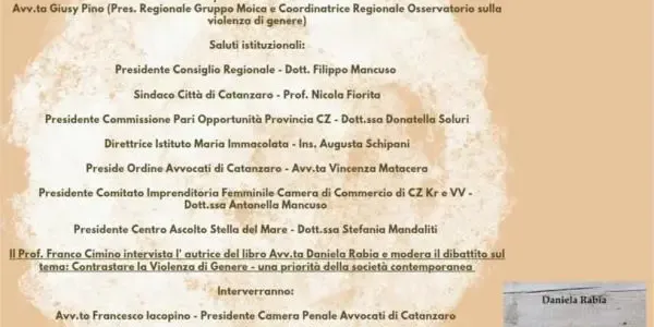 “Contrastare la violenza di genere, una priorità della società contemporanea”, oggi incontro seminario a Catanzaro lido images “Contrastare la violenza di genere, una priorità della società contemporanea”, oggi incontro seminario a Catanzaro lido